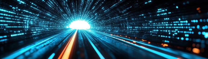 A futuristic tunnel scene with glowing lights and vibrant colors, suggesting motion and advanced technology.