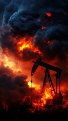 A dramatic scene of an oil pump silhouetted against a fiery sky, illustrating the clash between industry and nature.