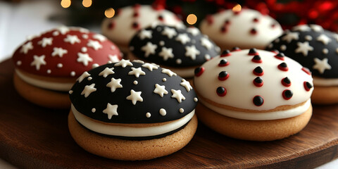 Close up of festive cookies with star and polka dot designs.