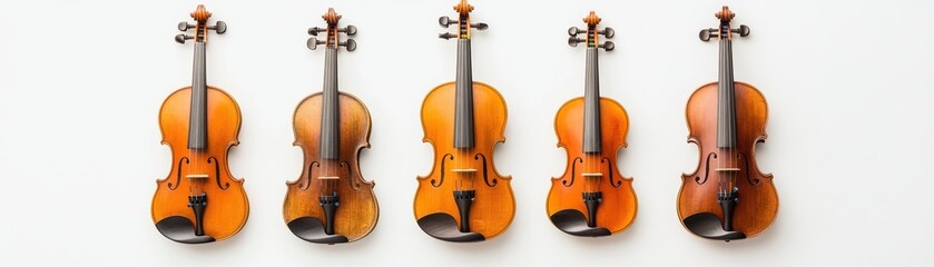 Fototapeta premium A collection of five beautifully crafted violins showcased in a row, highlighting their unique colors and craftsmanship.