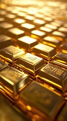 A close-up view of gleaming gold bars arranged elegantly, showcasing the luxury and wealth associated with precious metals.