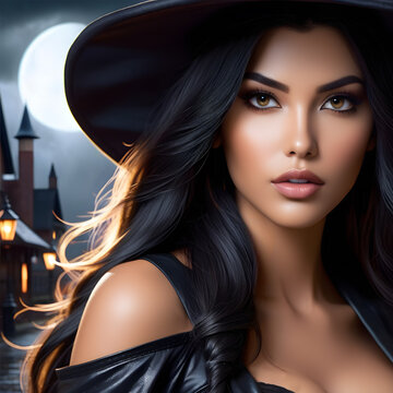 Beautiful Witch With Black Hair And A Hat