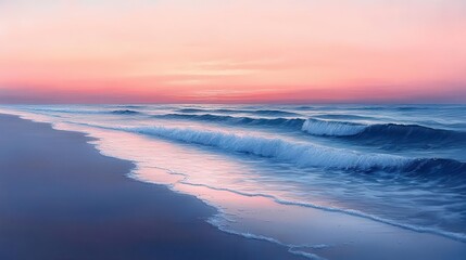 ethereal twilight seascape where soft pink sky meets cool blue ocean creating a dreamy gradient horizon with gentle waves lapping at a serene beach