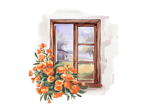 recommend clip art: Watercolor clipart illustration Window with orange flowers, with isolated background.