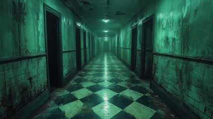 An eerie, green-lit hallway with peeling paint,  tiled floor, and closed doors.