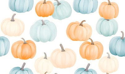 Seamless pattern of pumpkins in blue and orange tones on a light background, Generative AI