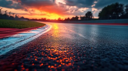 Wet asphalt racetrack at sunset with a blurred background.