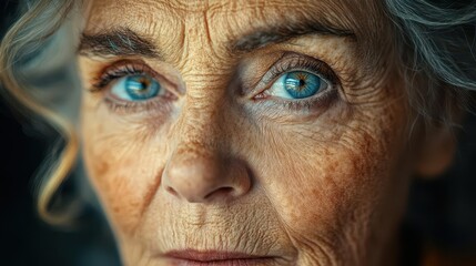Obraz premium extreme closeup of senior womans face focusing on expressive eye and weathered skin poignant portrayal of aging and wisdom
