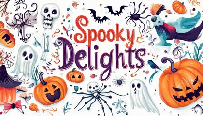 Halloween Illustration with Pumpkins, Ghosts, and Spiders