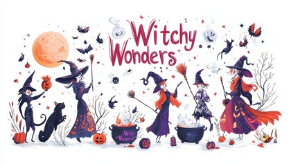 Witches and Cats Brewing Potions Under a Full Moon