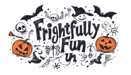 Frightfully Fun Halloween Illustration with Pumpkins, Bats, and Skeletons