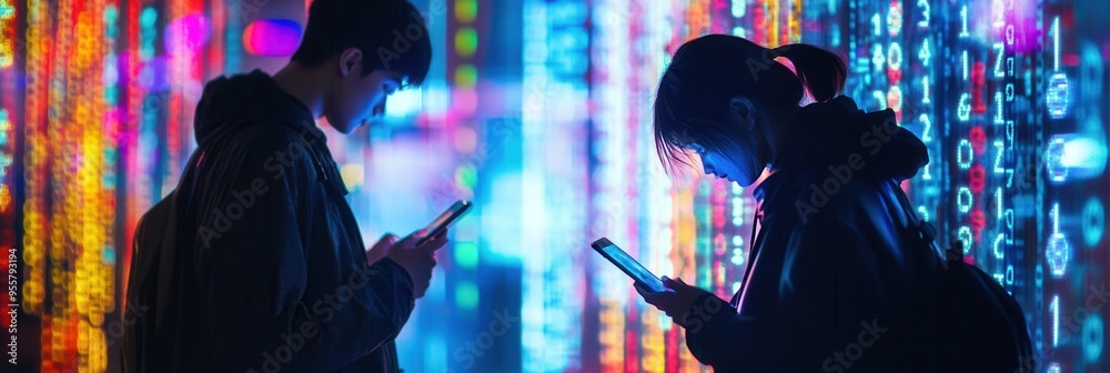 Poster individuals are engaged with their smartphones, immersed in a sea of colorful digital codes, illustr