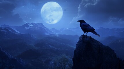 Fototapeta premium image of a large, medium-sized crow on high hills at night 