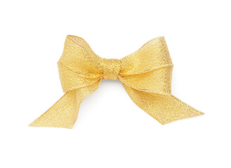 Beautiful bow made of shiny golden ribbon on white background