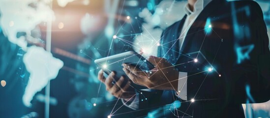 Businessman Using Tablet with Global Network Visualization
