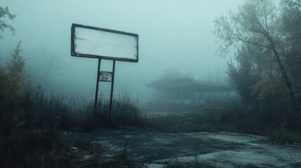 A Rusty Billboard in a Foggy, Abandoned Forest