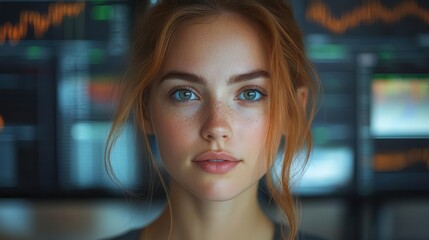 female financial analyst in modern office setting multiple computer screens displaying market data focused expression corporate attire techdriven workspace