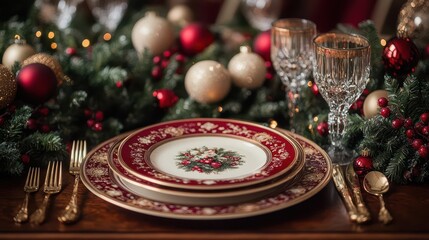 festive elegance opulent christmas table setting with rich red and gold decorations adorning placemats plates and silverware creating a luxurious holiday ambiance