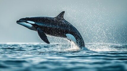 Obraz premium Magnificent killer whale jumping in drops of spray over the blue sea surface close-up
