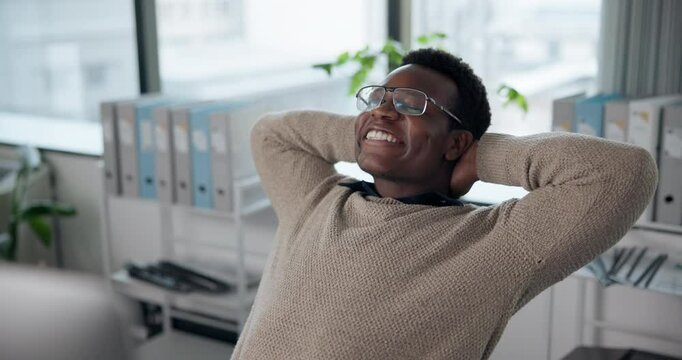 Computer, relax and black man with glasses, happy and copywriting with creativity and online. Digital, vision and writer with keyboard, research and proofreading of email for company and person
