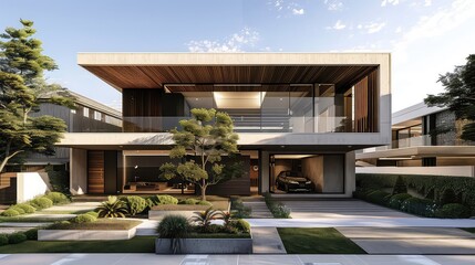 Fototapeta premium Modern home with a spacious driveway, lush greenery, and a glass balcony.
