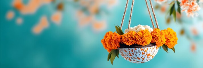 Worship pot Kalash with orange marigold flowers on blue background. Durga puja. Happy Diwali, Akshaya Tritiya, Navratri, Dhanteras. Shubh Labh Pancham.  Ugadi or Gudi Padwa Indian hindu festival