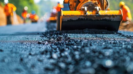 Close up of a highway paving activity, many workers are on duty. daylight conditions are hot in the sun.