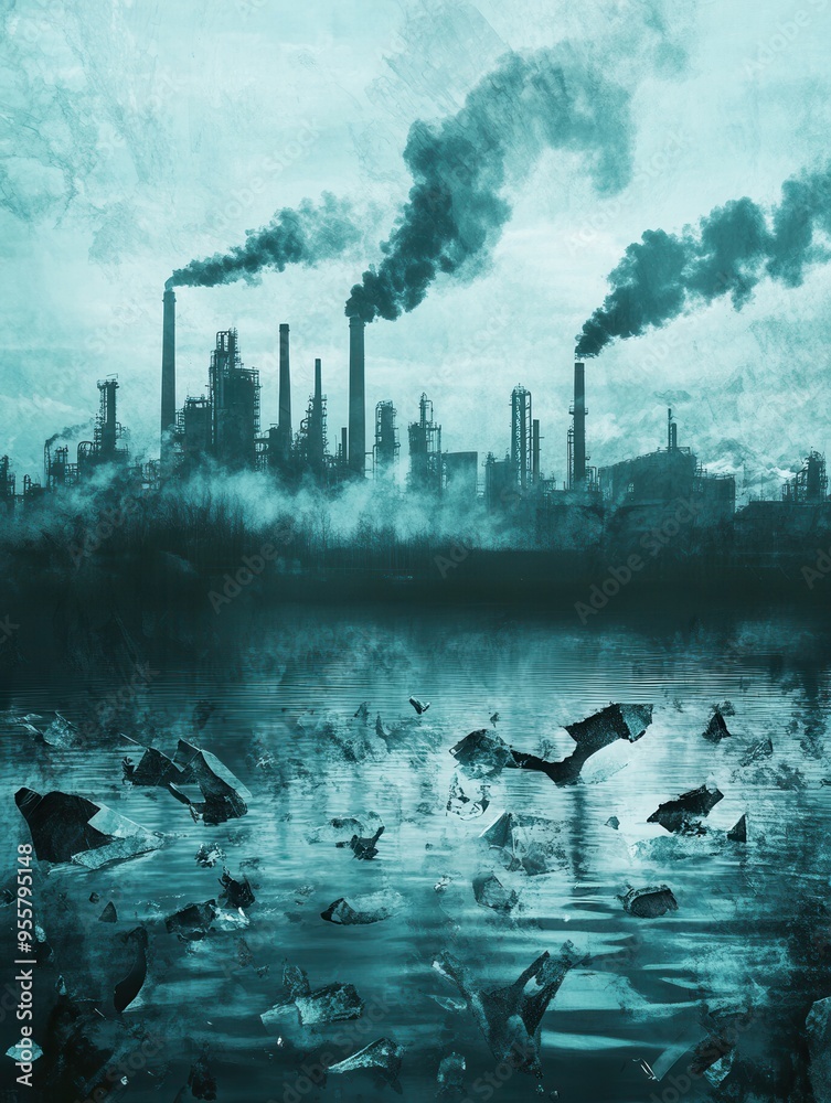 Poster a dense layer of smog hovers over a city, while factories emit smoke and waste accumulates on the wa