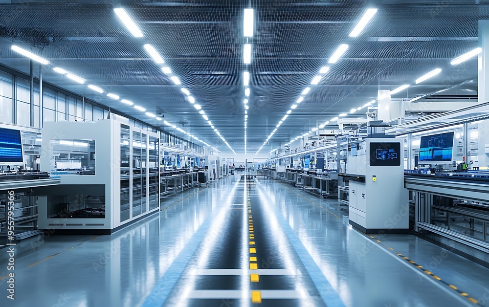 Poster High-Tech Electronics Assembly Plant with Automated Circuit Board Production in Pristine Environment