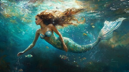 A serene underwater scene featuring a mermaid gliding gracefully amidst colorful fish and shimmering light in a vibrant ocean setting