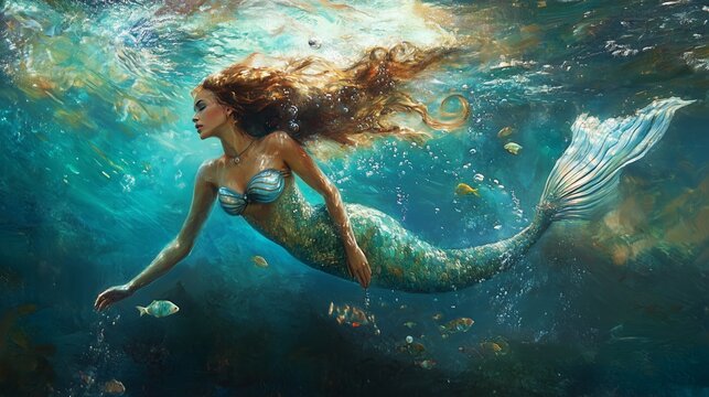 A serene underwater scene featuring a mermaid gliding gracefully amidst colorful fish and shimmering light in a vibrant ocean setting