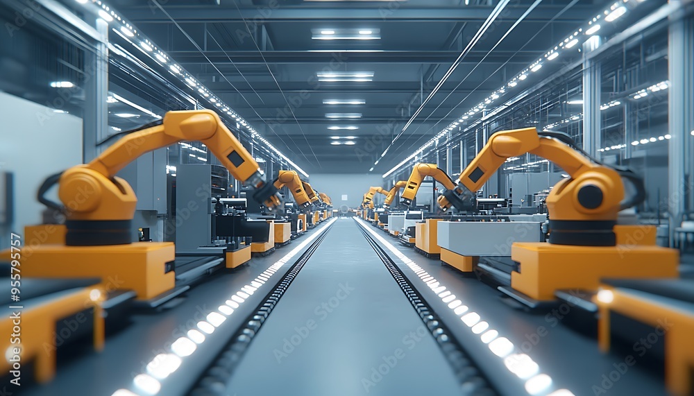 Poster state-of-the-art automotive parts factory with robotic assembly and precision machinery