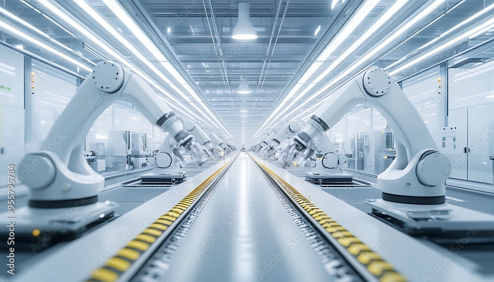 Poster state-of-the-art automotive parts factory with robotic assembly and precision machinery
