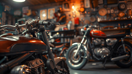 A motorcycle repair shop with various types of bikes being serviced. The shop is filled with tools, spare parts, and posters of classic motorcycles.
