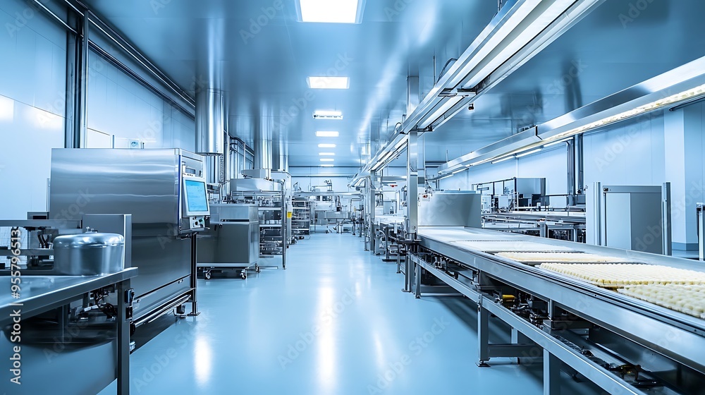 Poster high-tech food processing factory with pristine stainless steel equipment and efficient operations