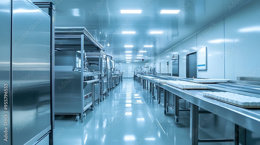 Poster high-tech food processing factory with pristine stainless steel equipment and efficient operations