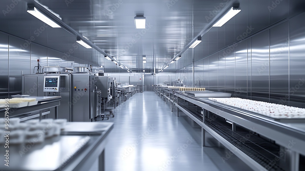 Poster high-tech food processing factory with pristine stainless steel equipment and efficient operations