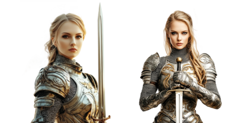 Set of blonde knight women isolated on transparent background.