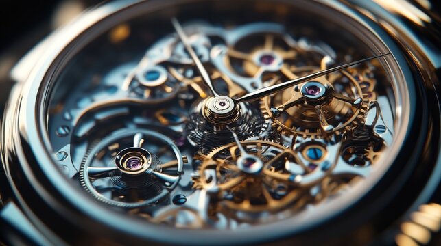 A classic wristwatch showing intricate gears and hands with polished metal and clear reflections. This image has high sharpness and contrast, perfect for luxury branding and product advertising.