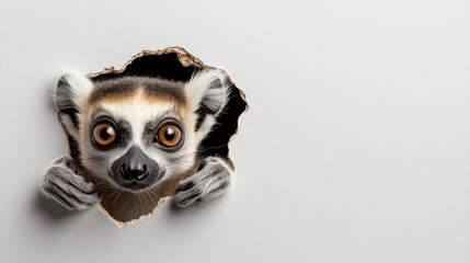 curious lemur peeking through a paper hole with big expressive eyes, with copy space for text