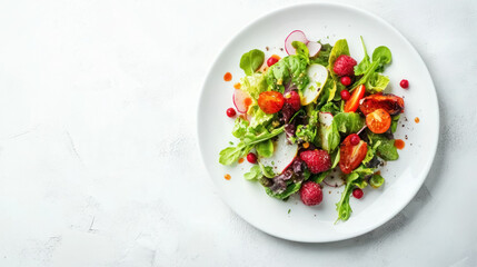 gourmet fresh salad with colorful ingredients on a luxurious white plate, with copy space for text