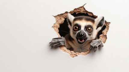 animated lemur with a fierce expression bursting through paper, with copy space for text