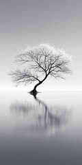 Black and white photography concept design of a tree in a lake
