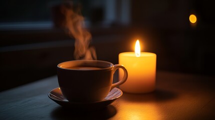 A cup of hot coffee with the steam gently lit by candlelight. Coffee in a dark room, creating a cozy feeling.