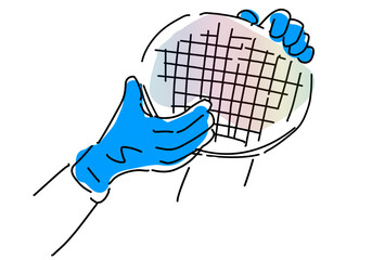 半導体シリコンウェハーを持つ作業員の手シンプル線画