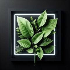 Creative layout green leaves with white neon square frame isolated on black background 