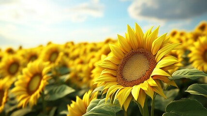 Obraz premium A Single Sunflower in a Field of Sunflowers Under a Blue Sky