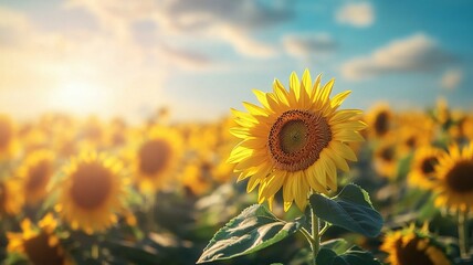 Fototapeta premium A Single Sunflower in a Field at Sunset