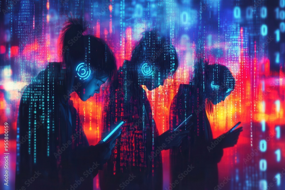 Aufkleber individuals look downward at their smartphones as digital numbers and codes surround them, illustrat