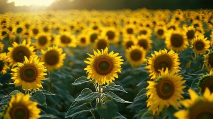 Fototapeta premium A Field of Sunflowers Bathed in Warm Sunlight